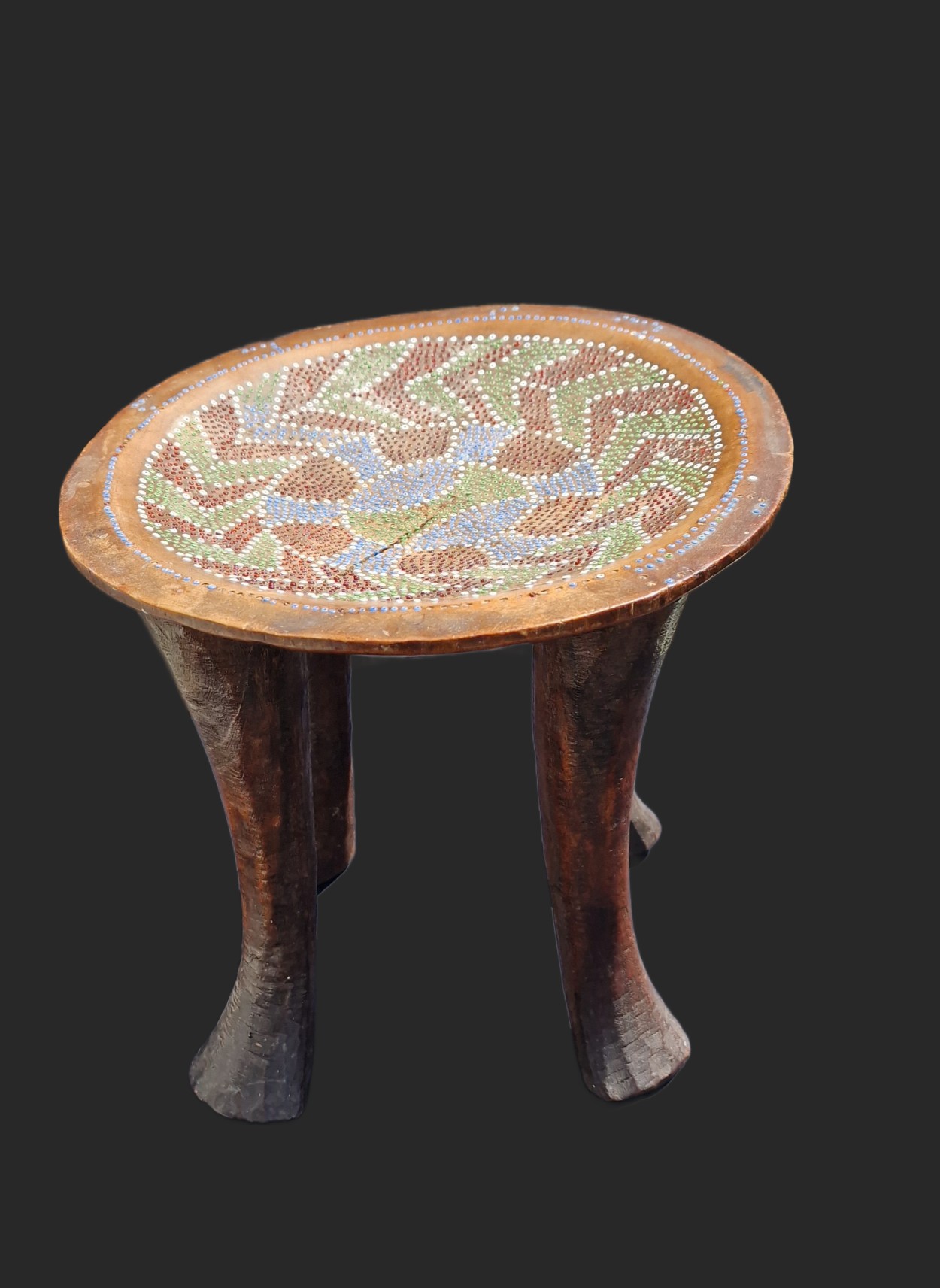 Mid-20th Century Kamba Stool – Hand-Carved with Glass Bead Inlays.