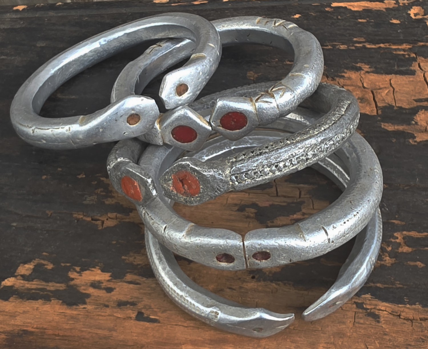 Antique Ethiopian Snake‑Head Bracelets | Gabra Tribe Aluminium Jewellery | Set of 5 .