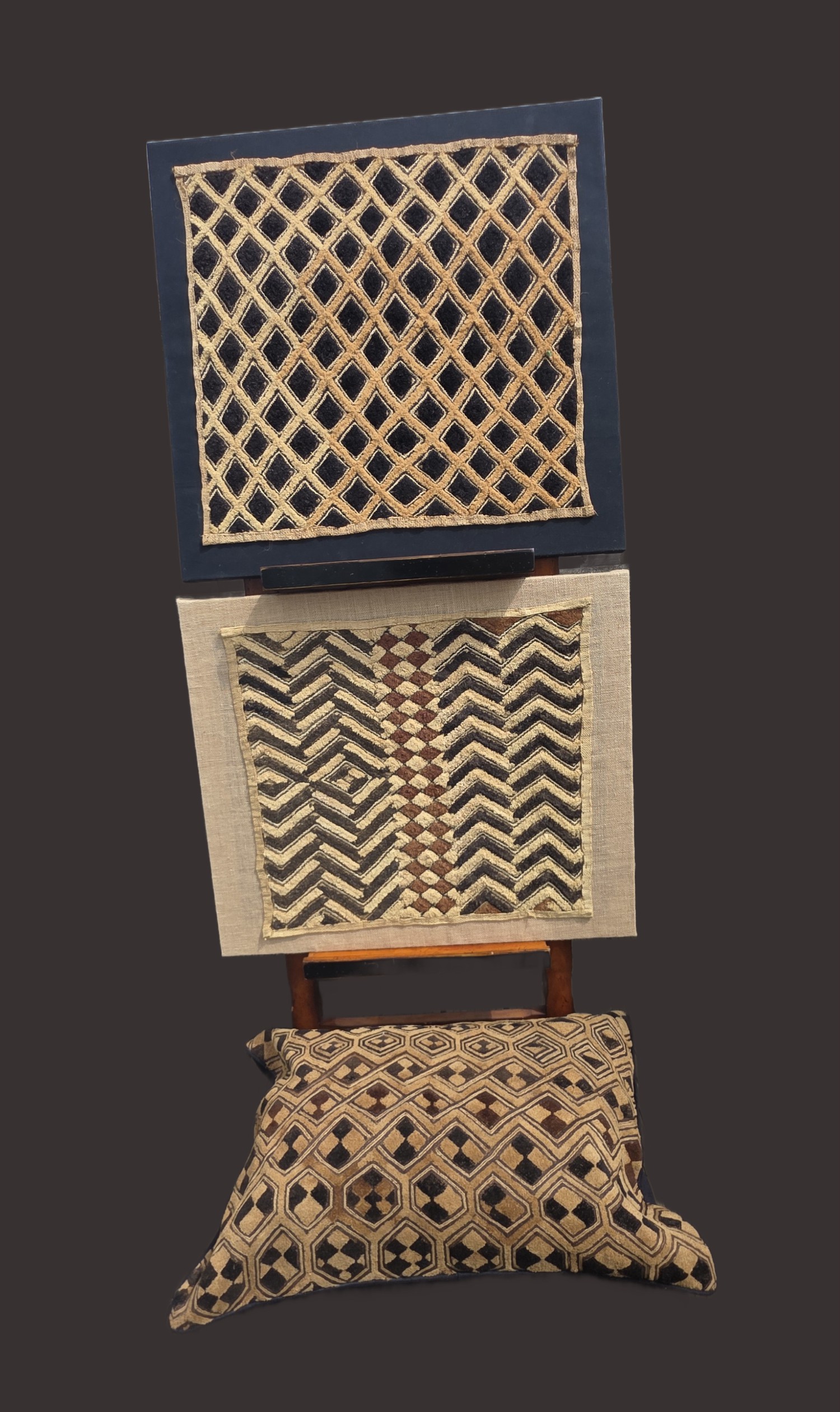  Vintage Kuba Textile Collection from Congo – Geometric Raffia Panels & Large Cushion.